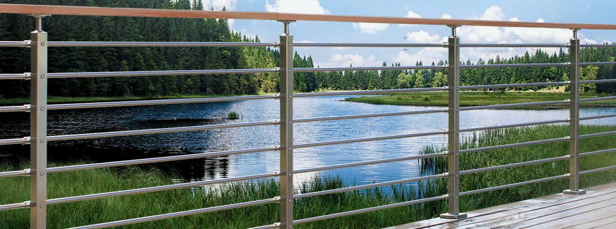 Beautiful contemporary railing system install on a lakeside deck.